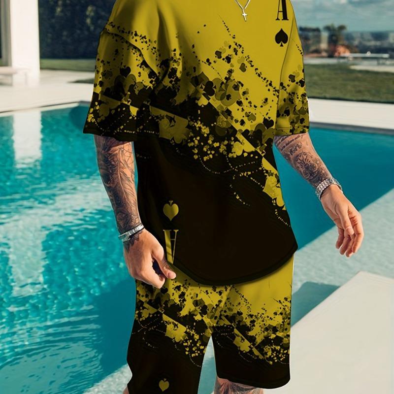 2025  New Men's Summer Leisure Sports Running Set Oversized Men's Refreshing Top Y2K Style Printed 3D Poker Pattern Fashion Set