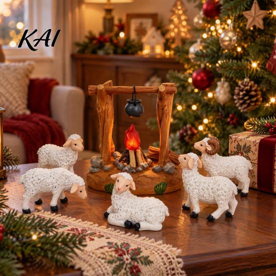 Holiday Tabletop Display Christmas Nativity Scene Set with LED Lighted Campfire, Resin Manger Stable Figurine, Miniature Wooden Look Hut & Sheep