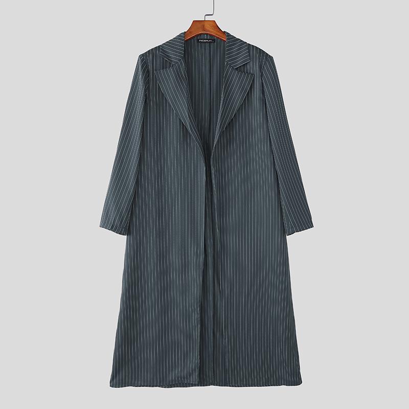 INCERUN Autumn Men Long Sleeve Striped Open Front Long Cardigan Coats Windbreaker