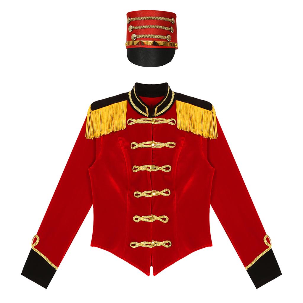 Womens Ringmaster Costume Circus Carnival Party Long Sleeve Stand Collar Fringe Shoulder Jacket Coat Hat Set