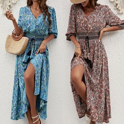 V-neck Printed Tulle Waist Bohemian Dress Holiday Buttoned Beach Maxi Dress
