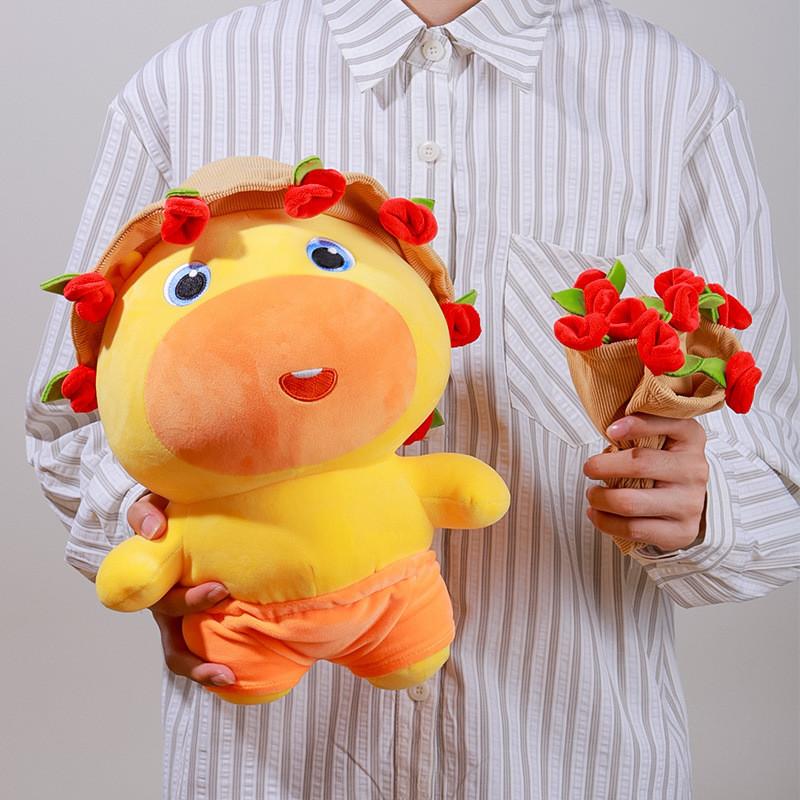 Cute Cartoon Capybara Lulu Plush Toy Doll With Rose Bouquet Hat For Valentines Day 23cm