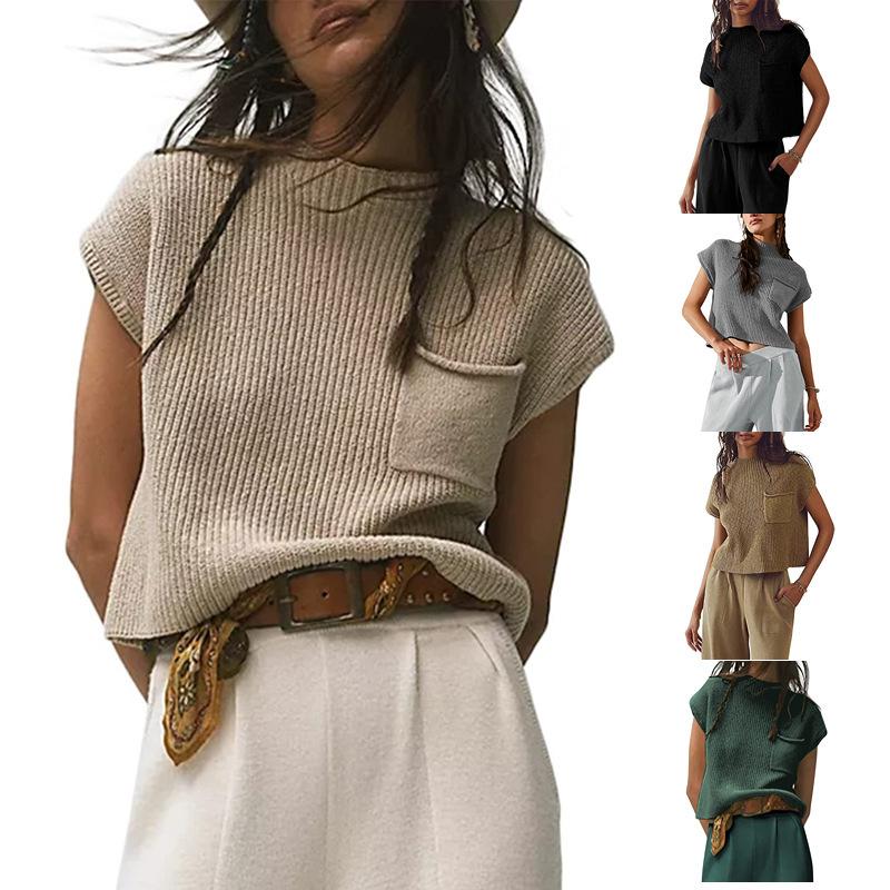 2026 Knitted Sweater Vest Sleeveless Pocket Casual Fashion Summer Ribbed Pullover Vest Women S абрикосовый