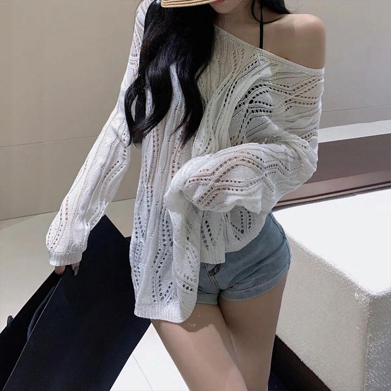 

Hollow Out Knitted Sweater Women s Thin Ice Silk See-through Pullover Babes Sexy Backless Sunscreen Tops Casual Fashion Blouse XXXL білий