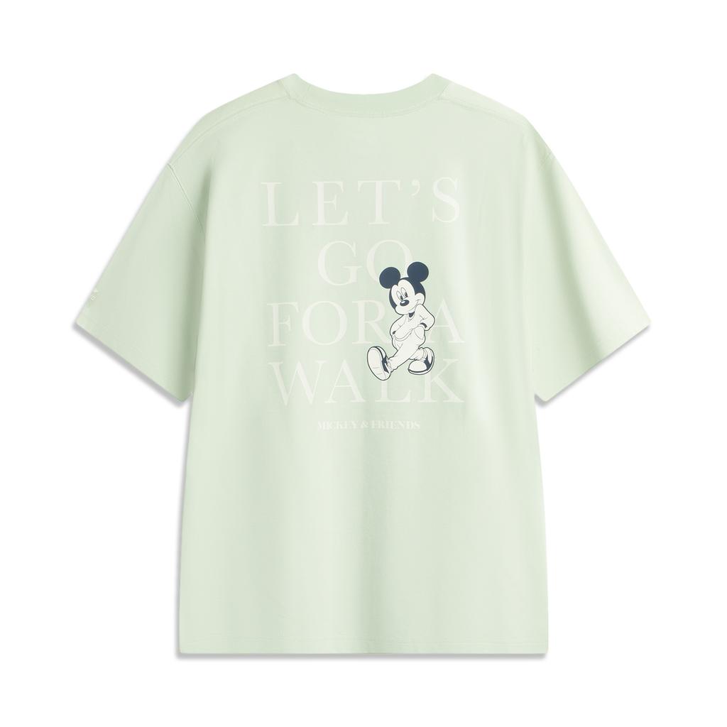 Li Ning X Disney Mickey Sports Lifestyle Series Simple Letter Round Neck Loose Short Sleeve T-Shirt Unisex T-Shirt Foam-Green AHSV795-2