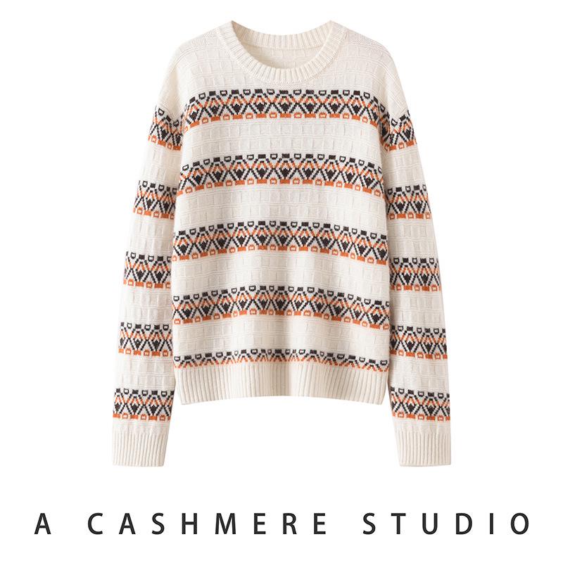Lekasha Cashmere Striped Half-High Neck Sweater - Loose Fit, Autumn/Winter Collection