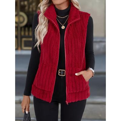 Plus Size, Women's Plus Size Ribbed -Lined Warm Zipper Pocket Elegant Vest Top
