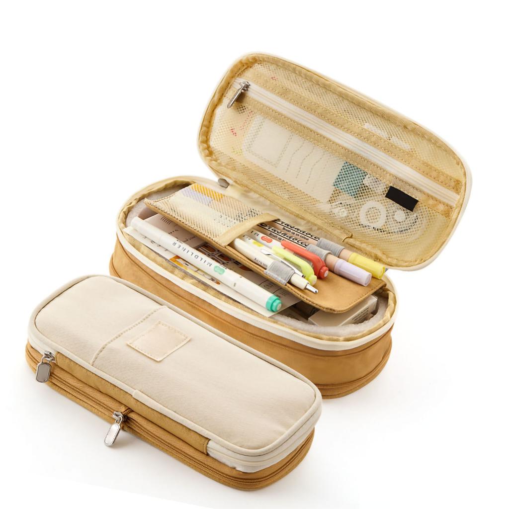 Stationery Bag Large Capacity Students Macaron Color Matching Canvas Pencil Bag Stationery Box Light Khaki Beige