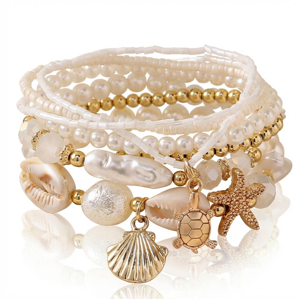 Boho Sea Turtle Starfish Cowrie Shell Charms Bracelet for Women Fashion Layered Pearl Beaded Bracelets Summer Beach Jewelry Gift