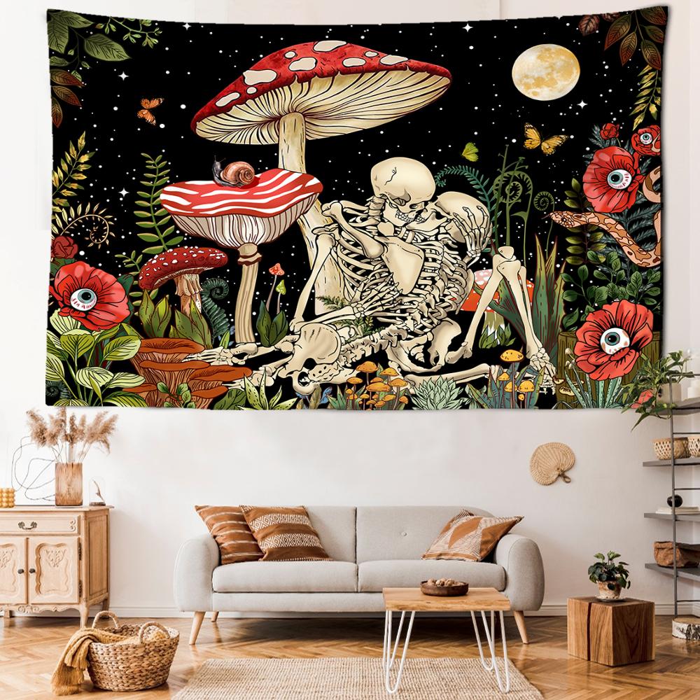 Skeletons And Mushrooms Tapestry Wall Hanging Psychedelic Witchcraft Aesthetics Room Hippie Tapiz Artist Home Decor