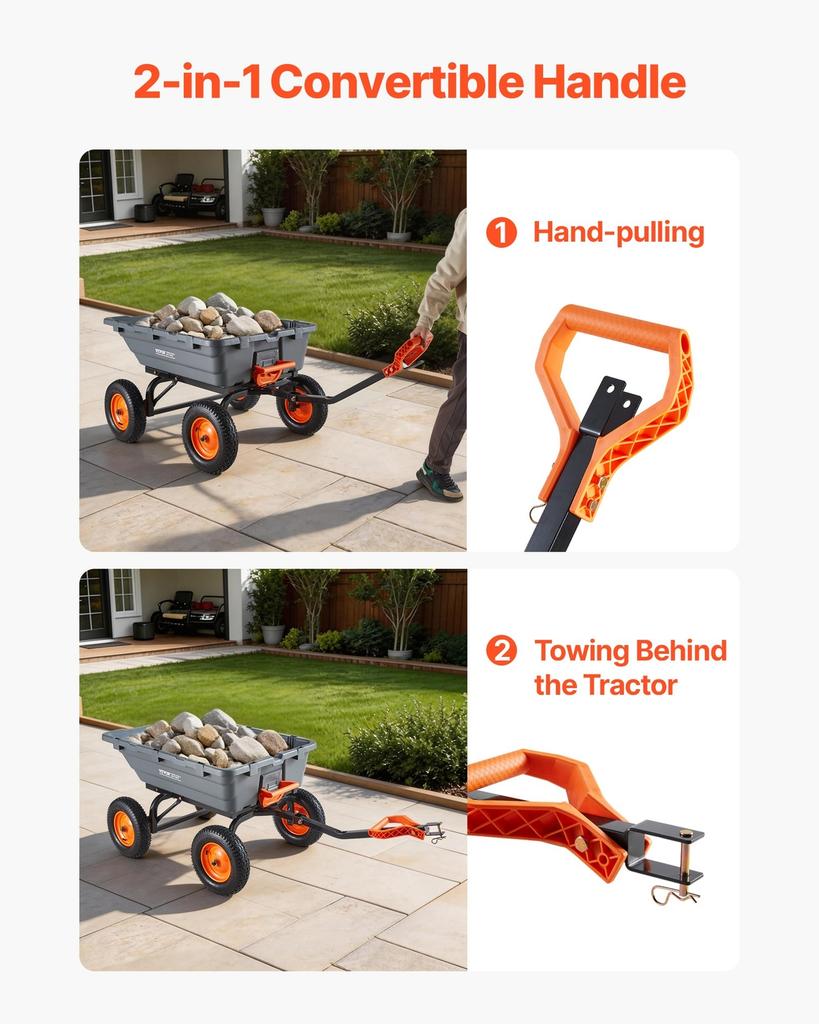 Garden Dump Cart, 680kg Poly Dump Cart, Garden Carts Dumps Wagon with 90° Quick-Dumps Mechanism, Adjustable Handle, 270° Flexible Rotating Bearings,