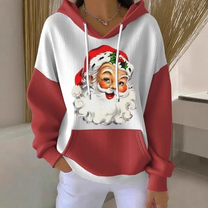 

Womens Christmas Santa Claus Print Color Block Hoodie Casual Long Sleeve Pullover Top Winter S