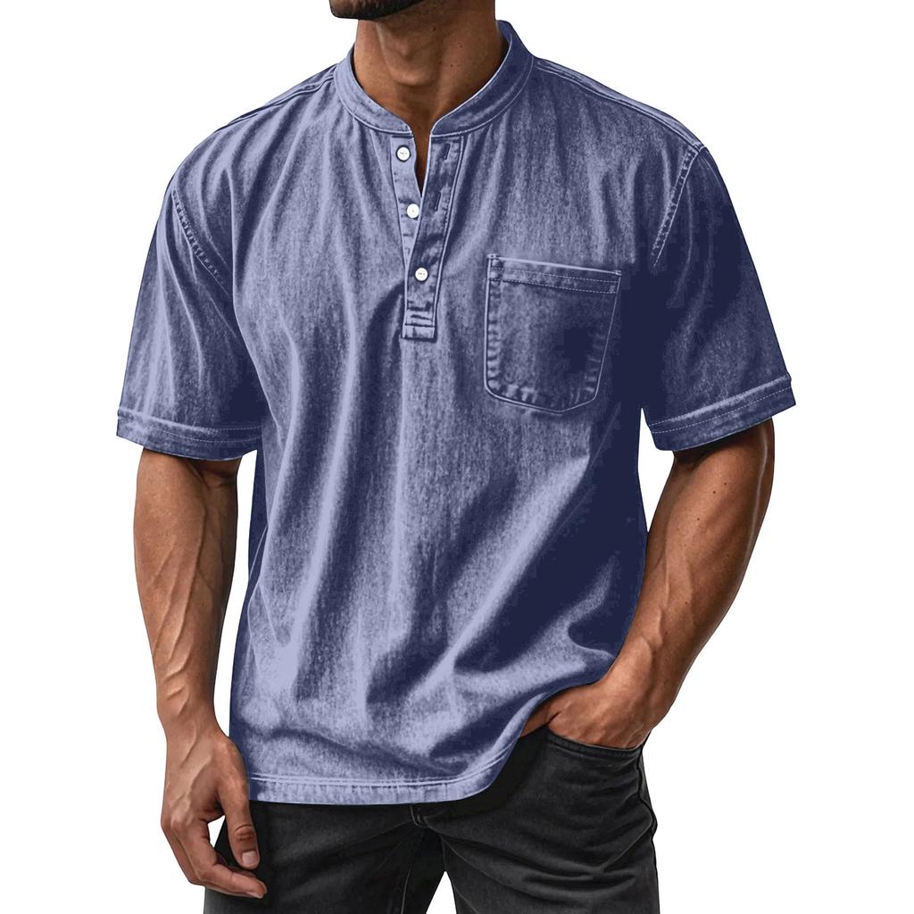 Men's Summer Round Neck Short Sleeve T-Shirt Neck Men's All- Casual Button Shirt