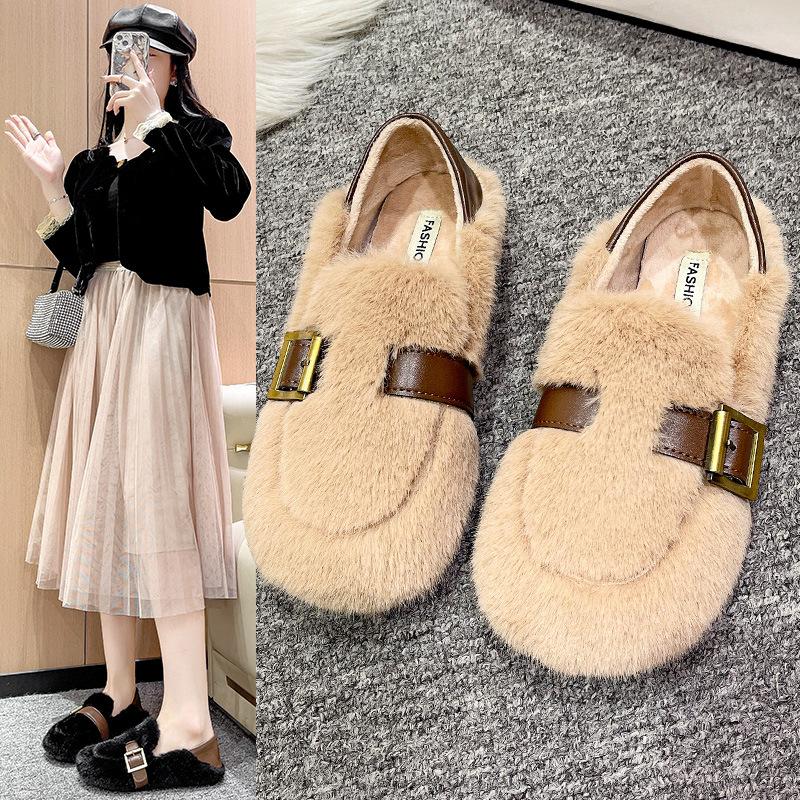 Soft-soled Fluffy Shoes Women's 2025 New Autumn and Winter Korean Version Round Head Velvet Cotton Shoes One Pedal Doudou Shoes Cotton Shoes Women's