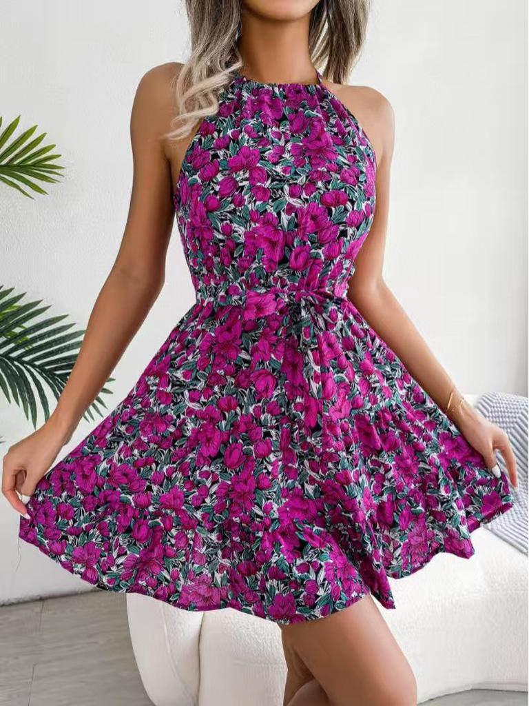 2025 Spring/Summer Floral Ruffle Lace-up Beach Dress for Women