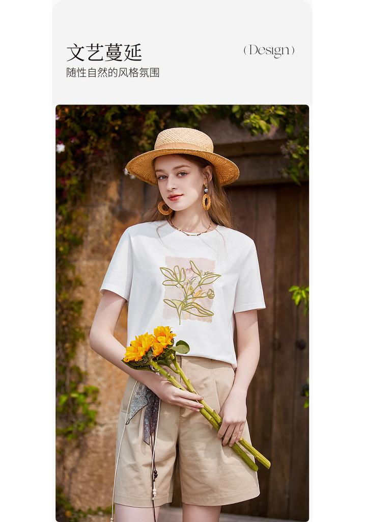 Cool and Antibacterial: Fragrant Shadow Embroidered Printed White T-shirt for Women, 2026 Summer New Round Neck Short Sleeve Cotton Top