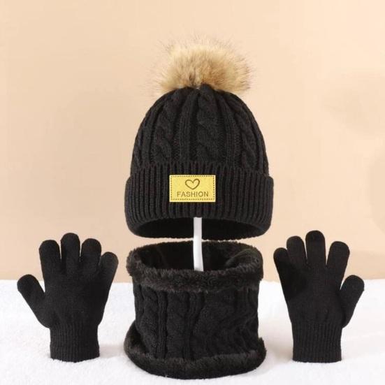 3Pcs/Set Kids Winter Hat Scarf Gloves Set Plush Ball Decor Twist Texture Brimless Hat Knitting Gloves Fleece Lining Neck Gaiter Set
