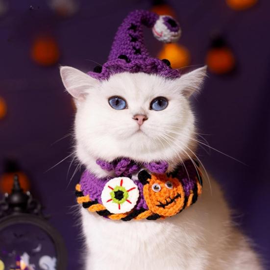 Halloweenský klobouk dýně pro mazlíčky a obojek duchů, nastavitelný gotický outfit pro kočky a malé psy, pletené kostýmní doplňky
