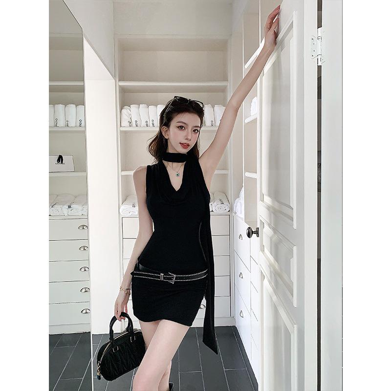 Sommer 2025 Amerikanisches Scharfes Bodycon Mini-Kleid mit Neckholder Wasserfallausschnitt - Sexy, Taillenbetonender Schwarzer Rock