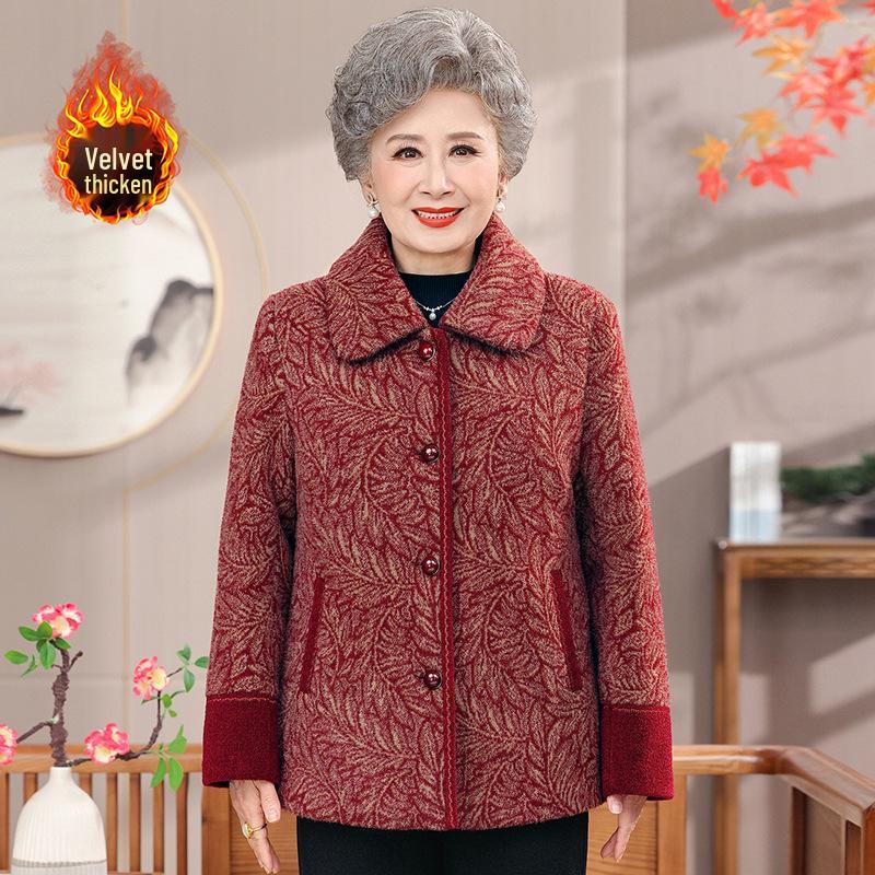 

Plus Size Leaf Pattern Wool Coat for Autumn/Winter - Stylish Grandma Women s Outerwear XXL червоний
