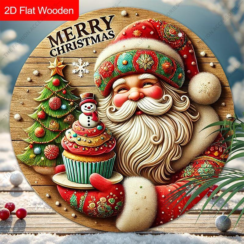 Santa Claus Cupcake Merry Christmas Round Wooden Hanging Sign, 2D Flat Printed Embossed Christmas Door Wall Ornament, Xmas Home Decor Gift