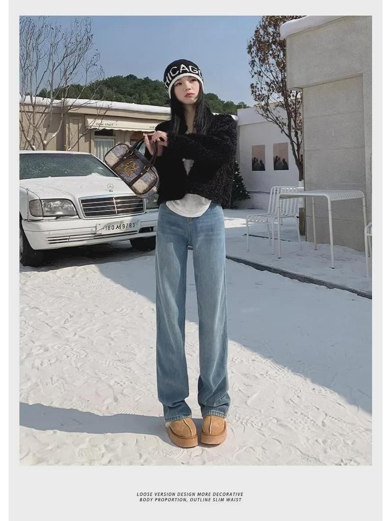 Women's High-Waist Wide-Leg Jeans with Velvet Lining - Autumn/Winter Slim Fit, Thick, and Warm Straight Trousers
