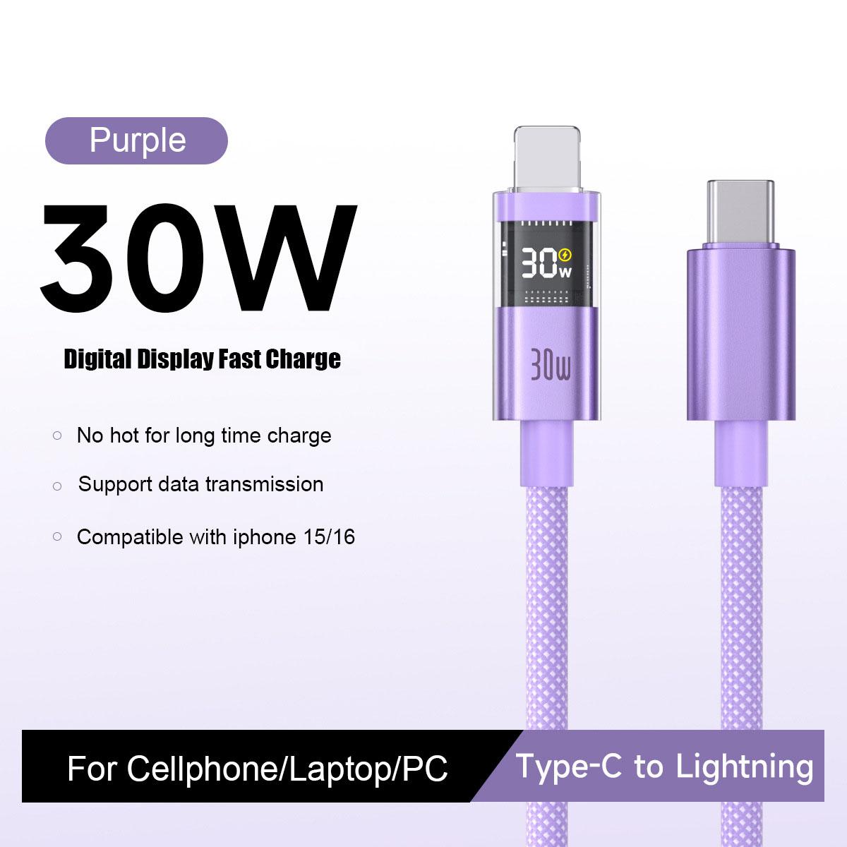 

Digital Display 100W Super Charge Cable Type-C to Type-C PD 30W Fast Charging USB to Type-C C-C For iphone 15 16 Xiaomi Huawei Type-C to Lightning