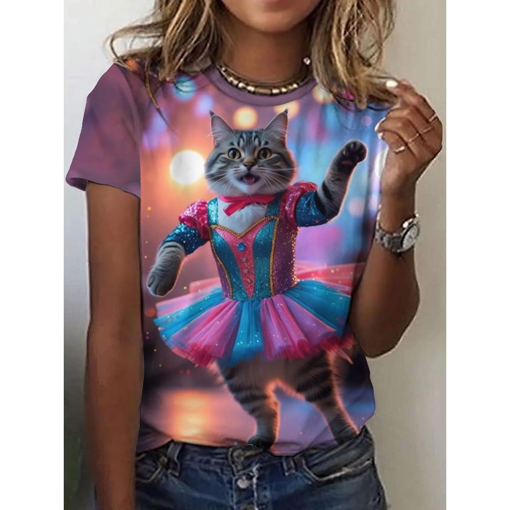 New Cute Cat Dances Ballet T-Shirts 3D Print Women Short Sleeve Round Neck T Shirt Summer Tees Harajuku Y2K Tops Female Clothing