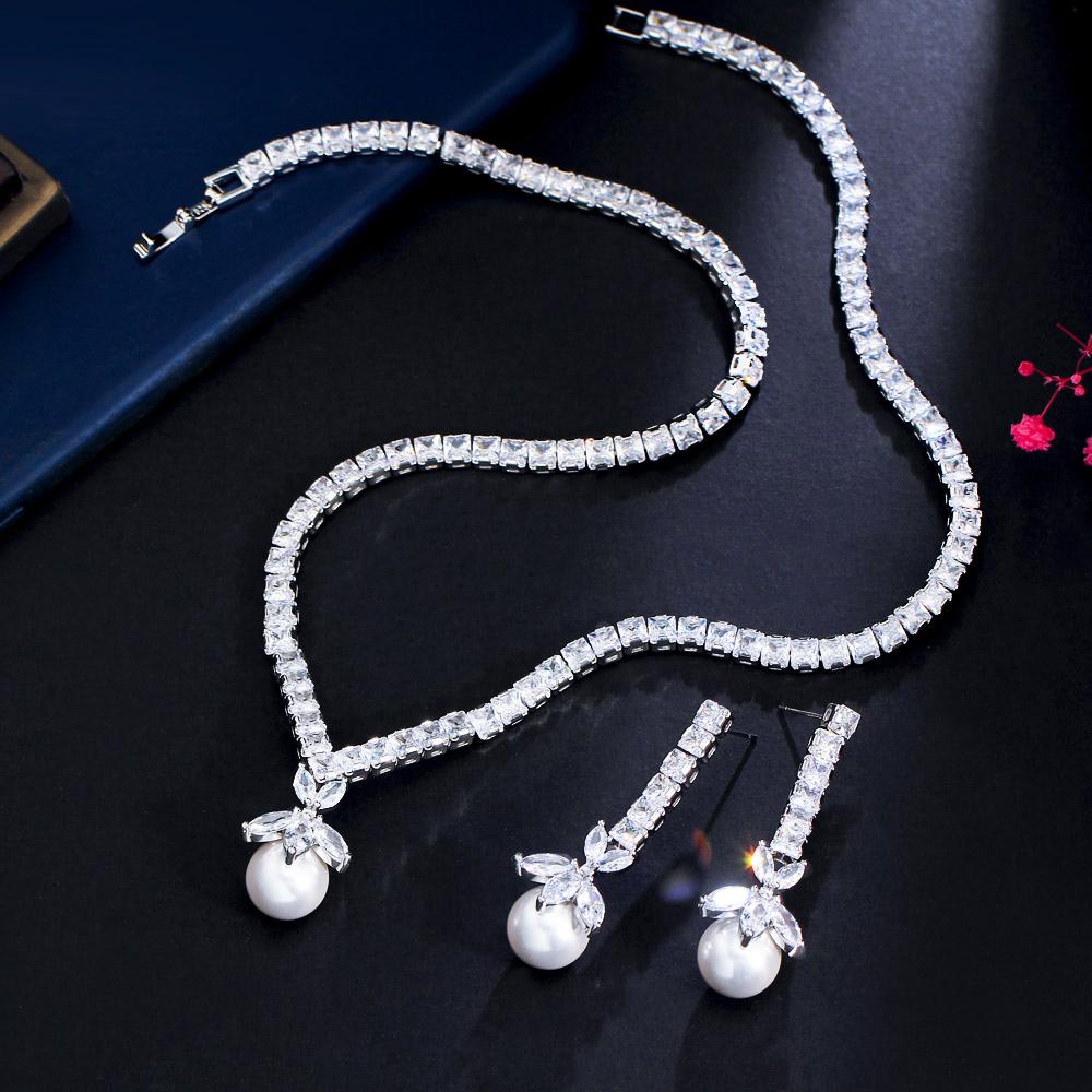 CMM Elegant Dangle Drop White Cubic Zirconia Women Party Necklace Earrings Artificial Pearl Jewelry Set
