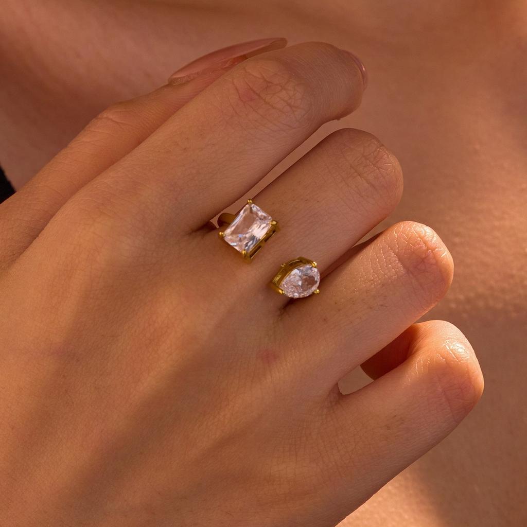 European and American ins fashionable and simple zircon titanium steel ring plated with K gold water drop love open ring hand jewelry