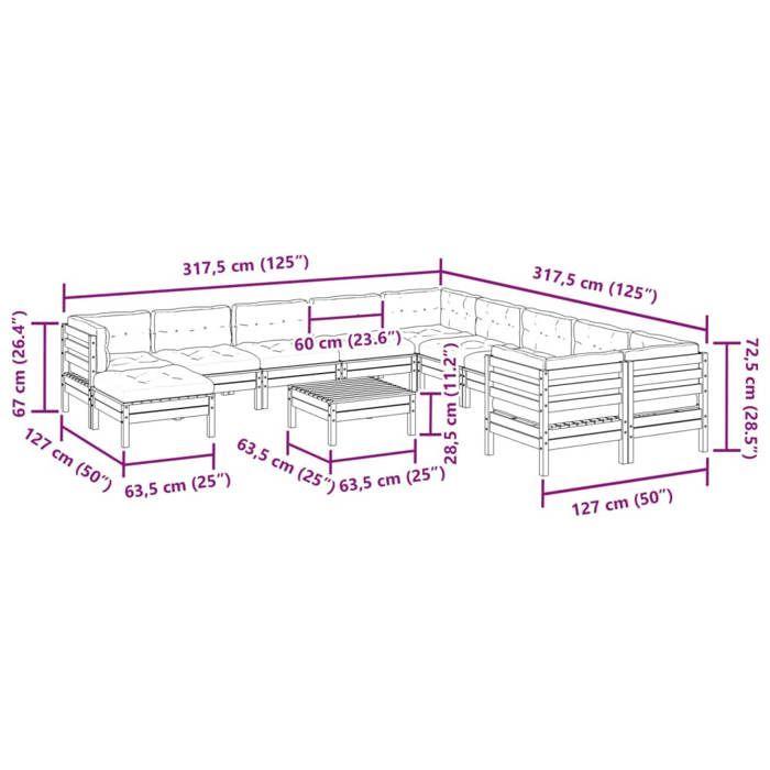 VidaXL Salon de jardin avec coussins 12 pcs bois de pin imprégné, ensemble de canapés d'extérieur, ensemble de canapés de 3299657