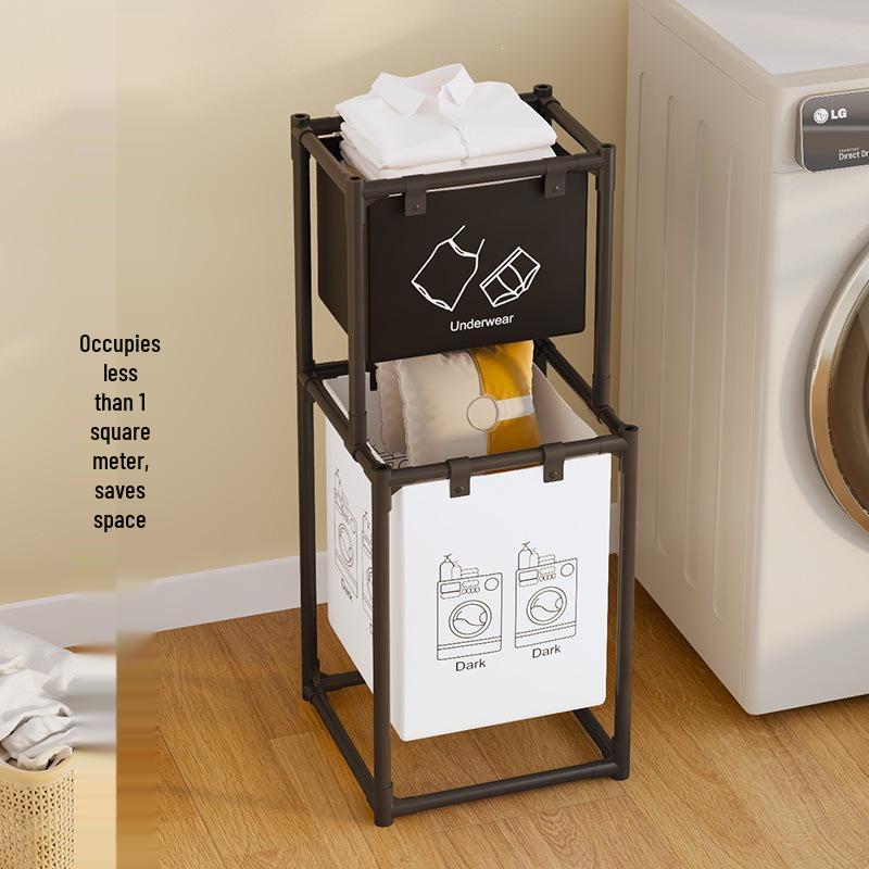 Brazilian Double-Layer Laundry Organizer: Multi-Functional Clothes Sorting Basket and Shelf.