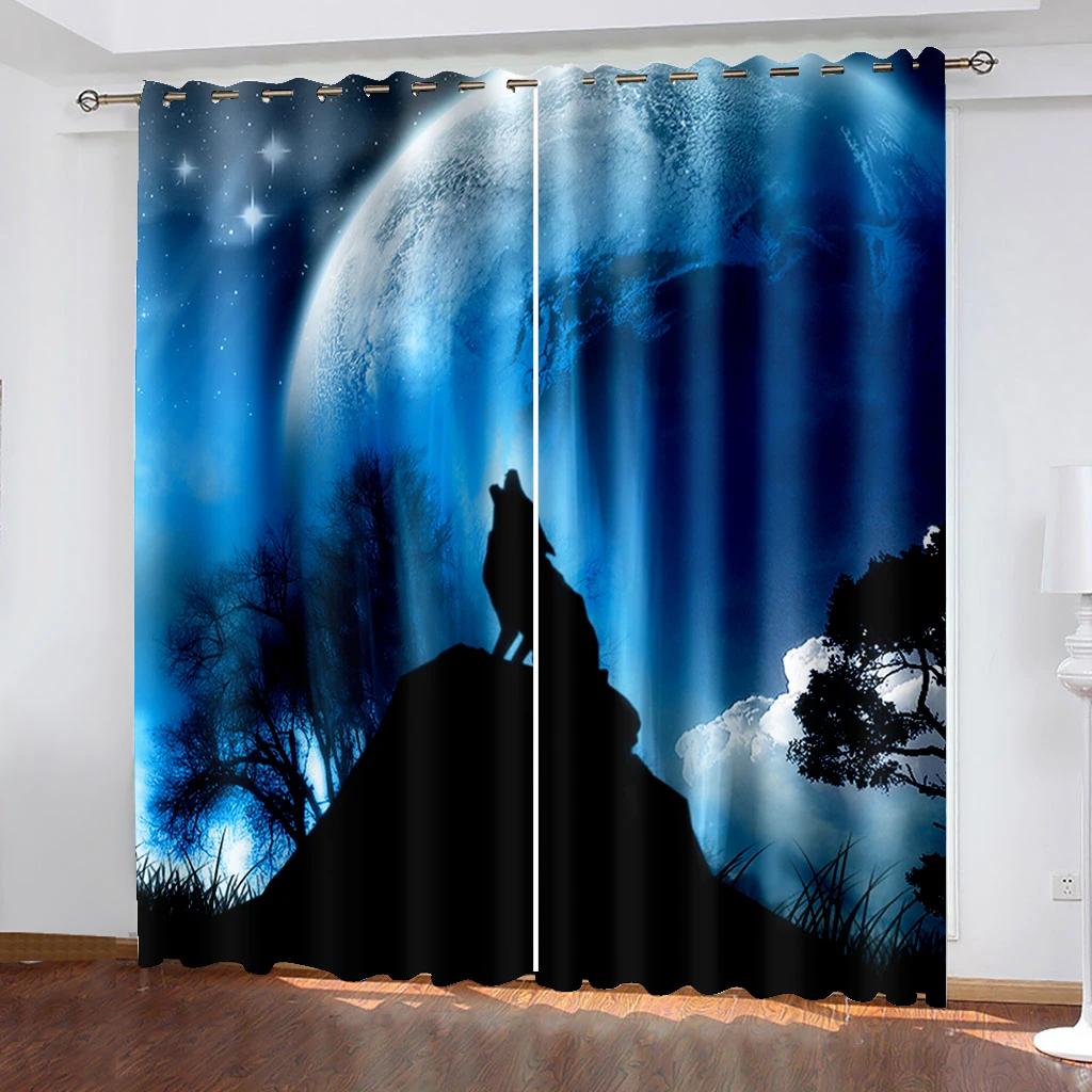 Druk 3D Para Miłość Nowoczesny Zwierzę Wilk Księżyc w Nocy Zasłony Zasłona Okienna Sypialnia Dekoracyjna Zasłona 2 Panele do Salonu