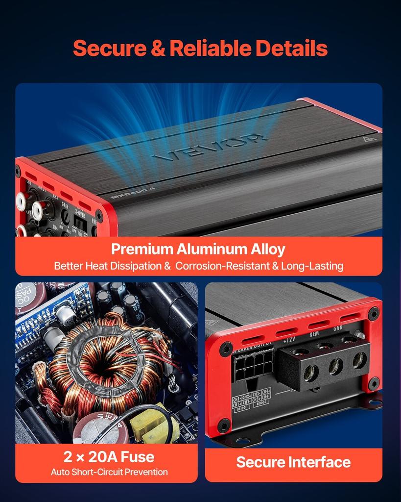 Car Audio Amplifier, 4-Channel Bridgeable Car Amplifier, Multichannel Class D Stereo Amp, Max. 4 x 272W at 4 Ohms / 4 x 400W at 2 Ohms, High Output,