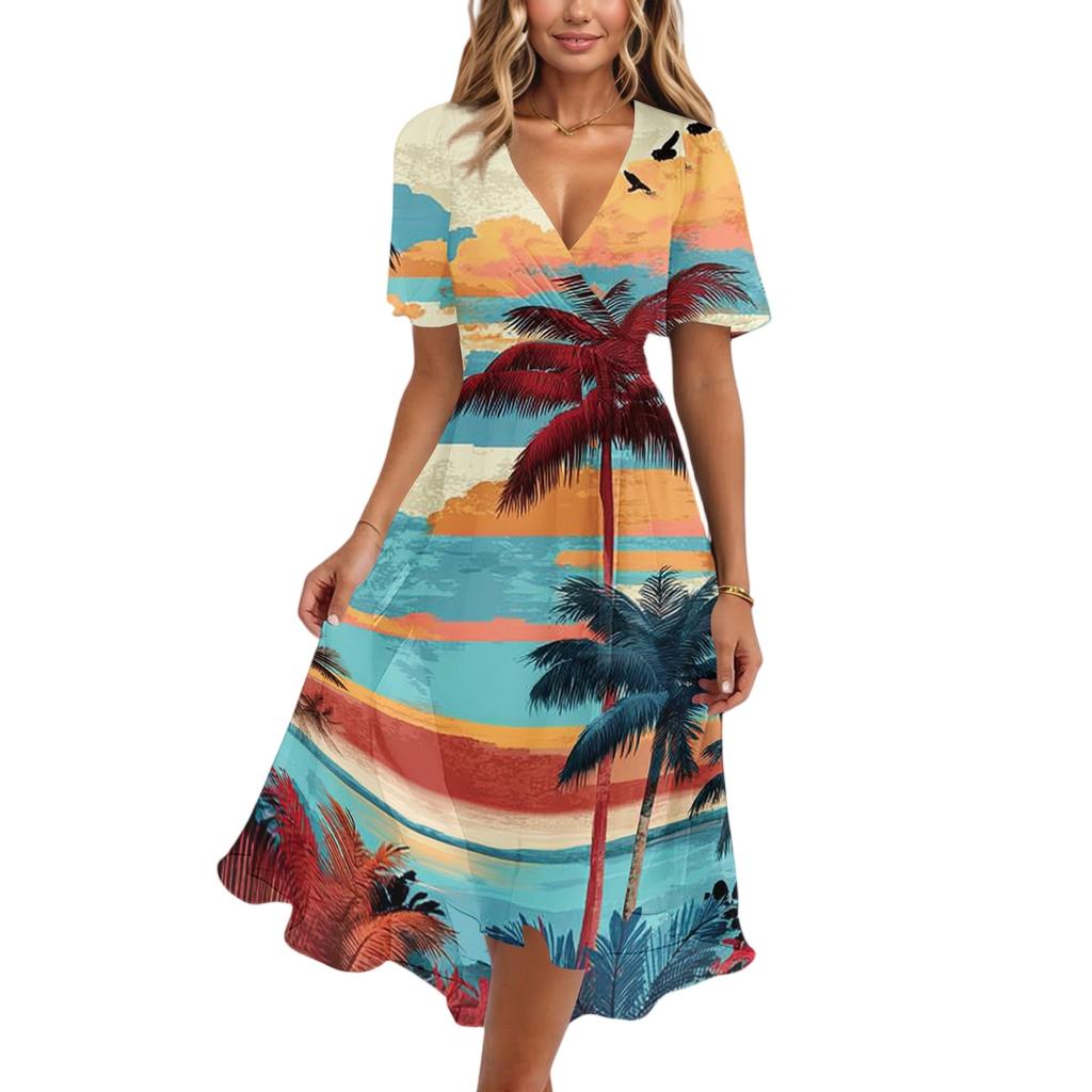 Women's Casual V Neck Short Sleeve Hawaiian Print Dress Summer Beachwear Midi Dress with Wrap Style and Relaxed Fit