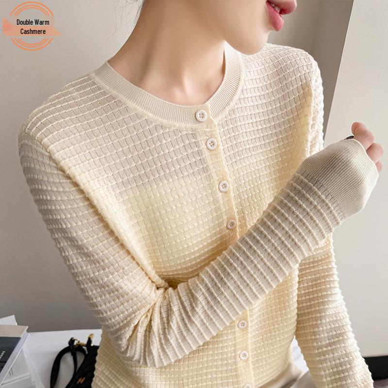 

Women s Spring/Summer 2025 Waffle Loose Knit Wool-Silk Crew Neck Sweater Jacket Large