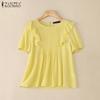 ZANZEA Women Casual Short Sleeve O-neck Ruffled Pleating Elegant Blouse