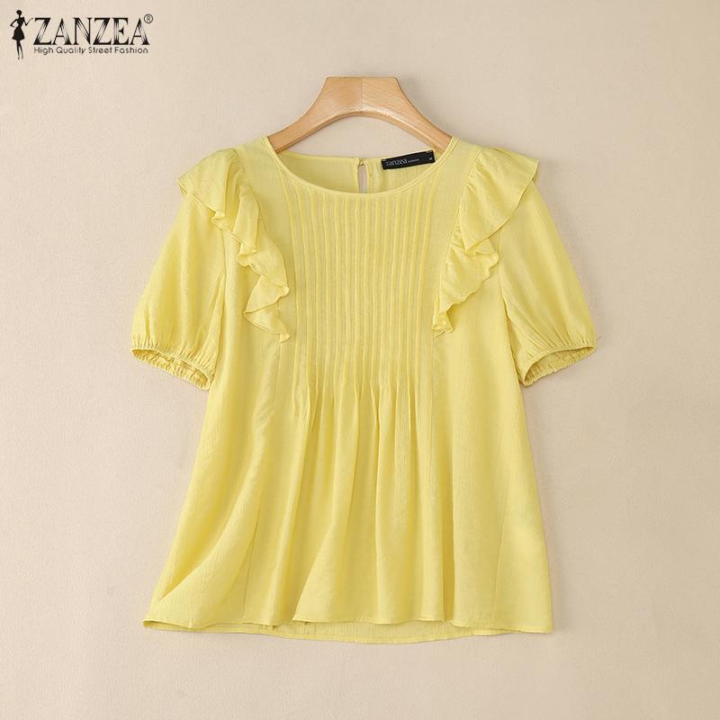 ZANZEA Women Casual Short Sleeve O-neck Ruffled Pleating Elegant Blouse