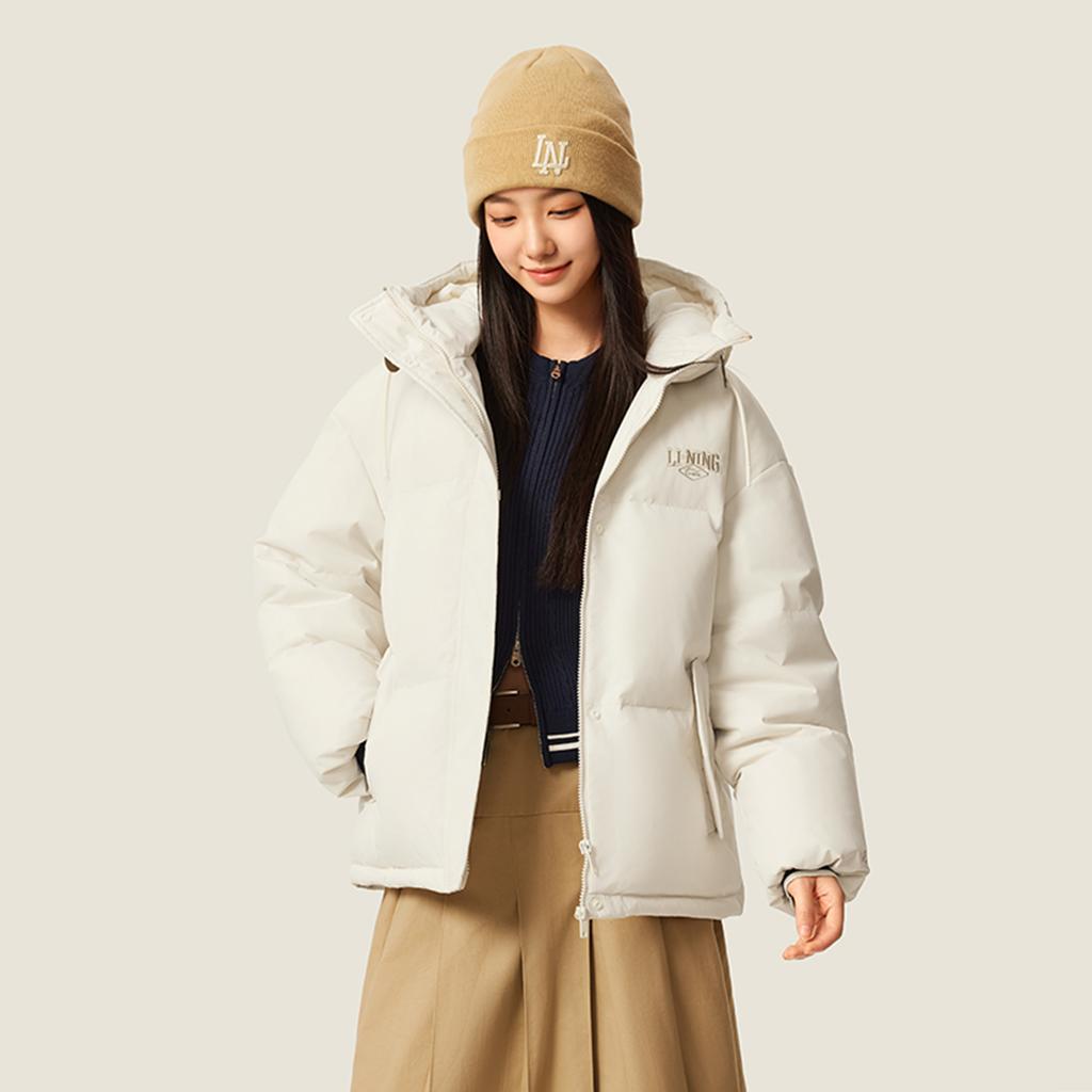 Li Ning Sports Lifestyle Series Solid Color Zipper Hooded Versatile Casual Down Jacket Women Outerwear Off-White AYMV386-6
