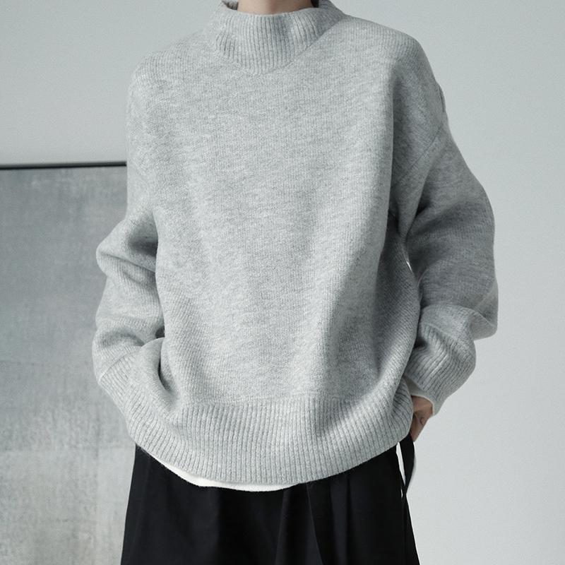 Men's Arctic Velvet Soft Knit Half-Turtleneck Sweater - Autumn/Winter Solid Color, Loose, Warm, Basic Style