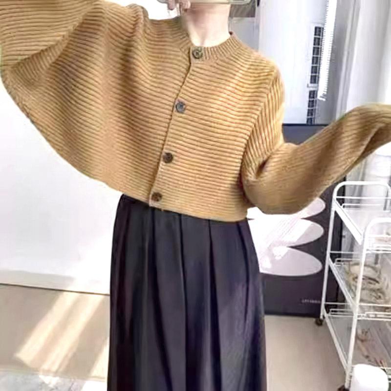 Bat Sleeve Knitted Cardigan for Women In Autumn Paired with Korean Style One Neck Loose Sweater and Short Jacket