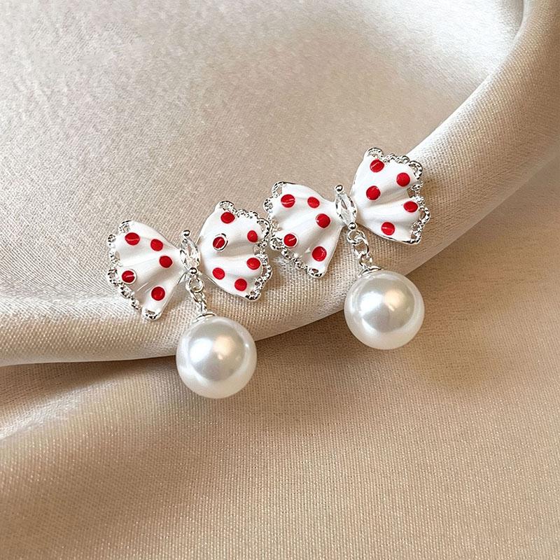 Cute Pearl Bowknot Drop Earrings For Women Trendy Dot Bow Dangle Earrings Minimalist Sweet Wedding Party Jewelry Pendientes Gifts