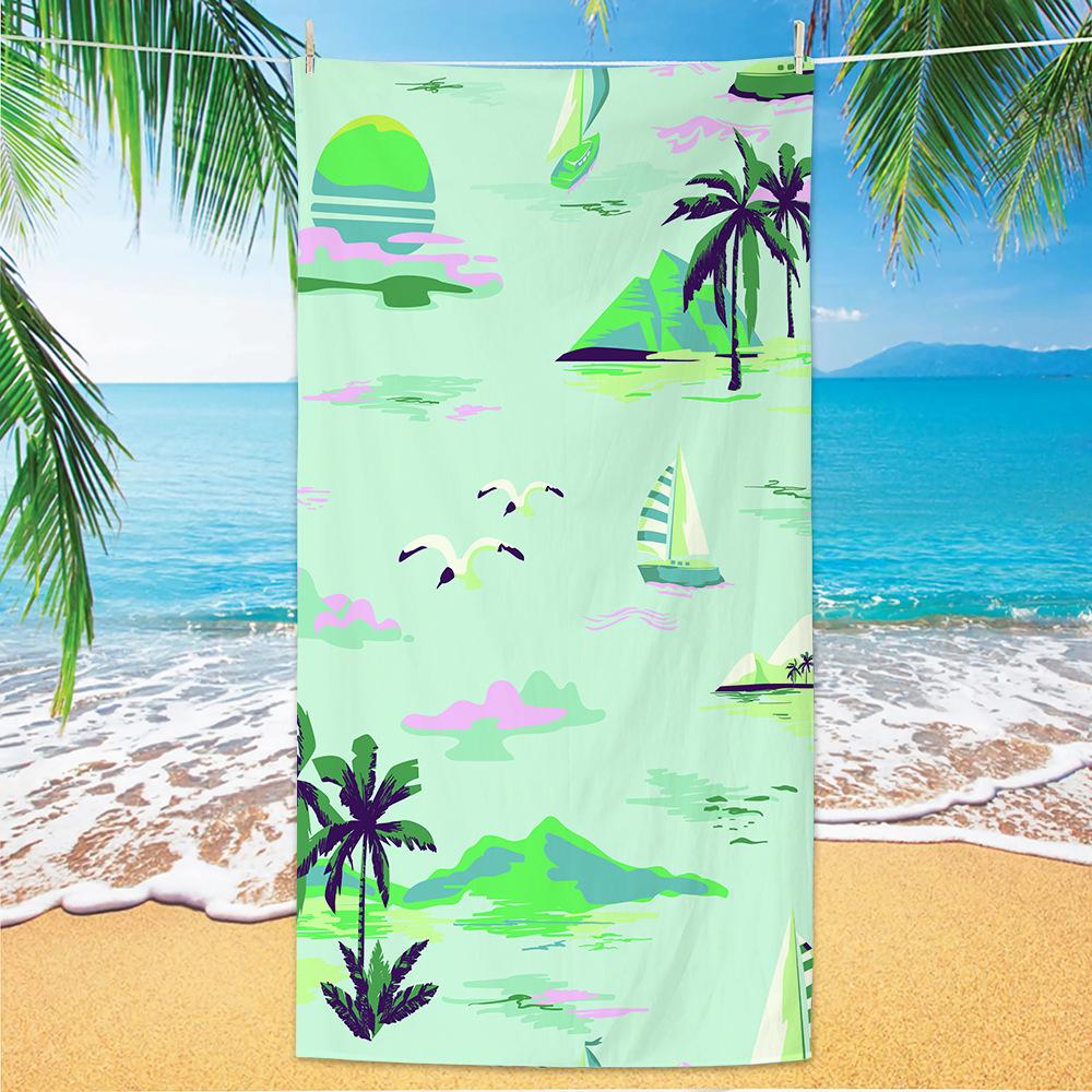 Light Blue White Vertical Stripe Island Palm Sailboat Beach Towel Quick Dry For Seaside Pool Weekend Camping Activity