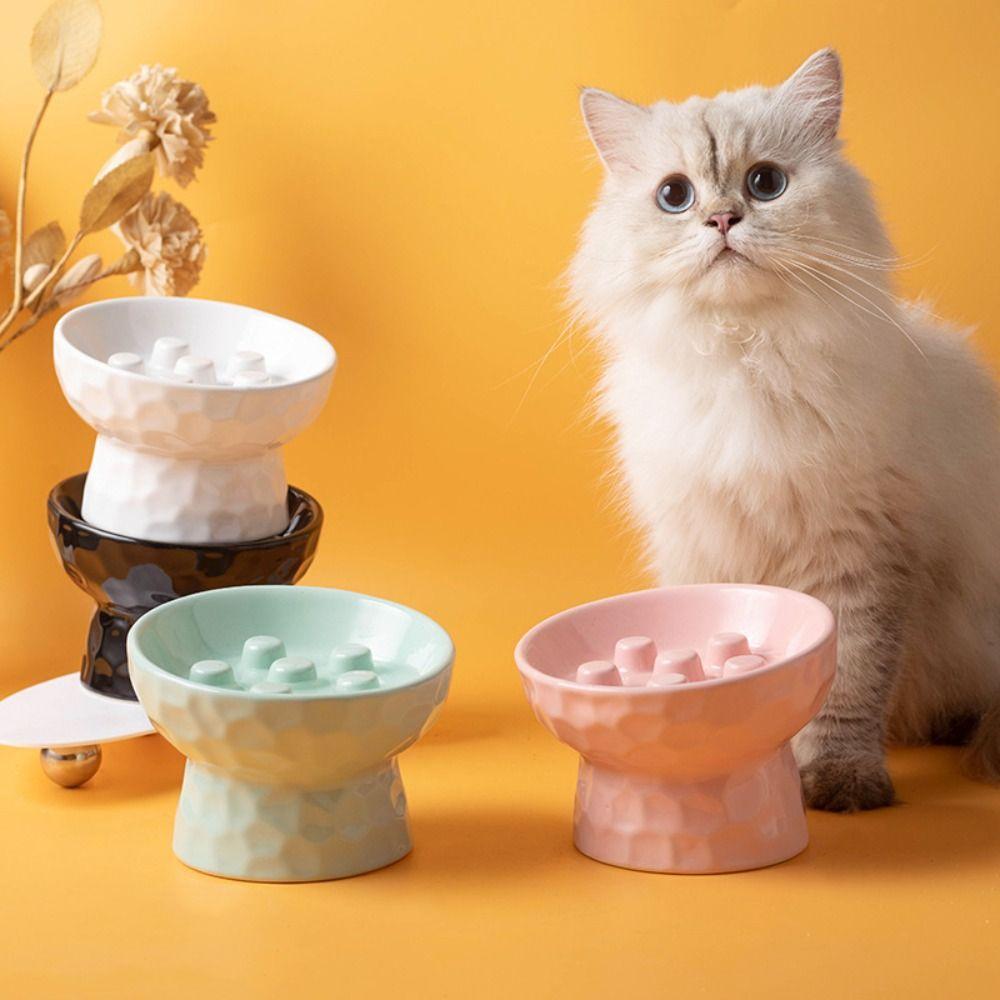 Ceramic Cat Slow Feeder Bowl Slanted Mouth Pet Drinking Eating Feeder for Kitten/Puppy/Bunny