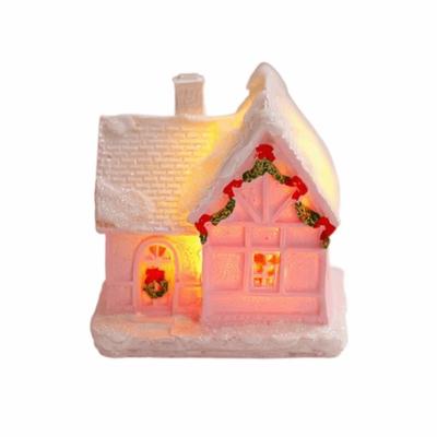 Resin Christmas Glowing Small House Cute Pink Christmas House Ornament Luminous Warm Light LED Light Snow House Party Favors