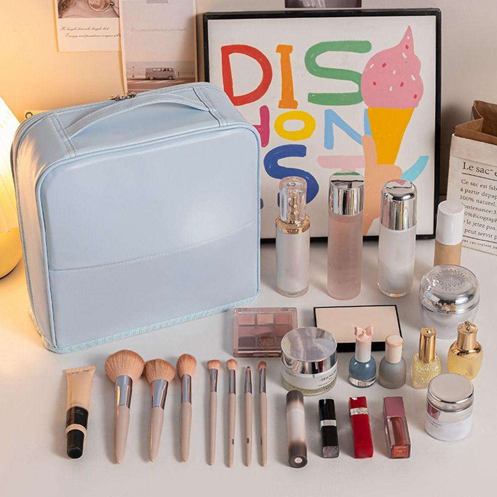 Bolsa de Maquillaje Portátil de Cuero PU con Soporte Gran Capacidad Impermeable con Compartimentos Estuche para Bolígrafos de Estudiante para Viajes