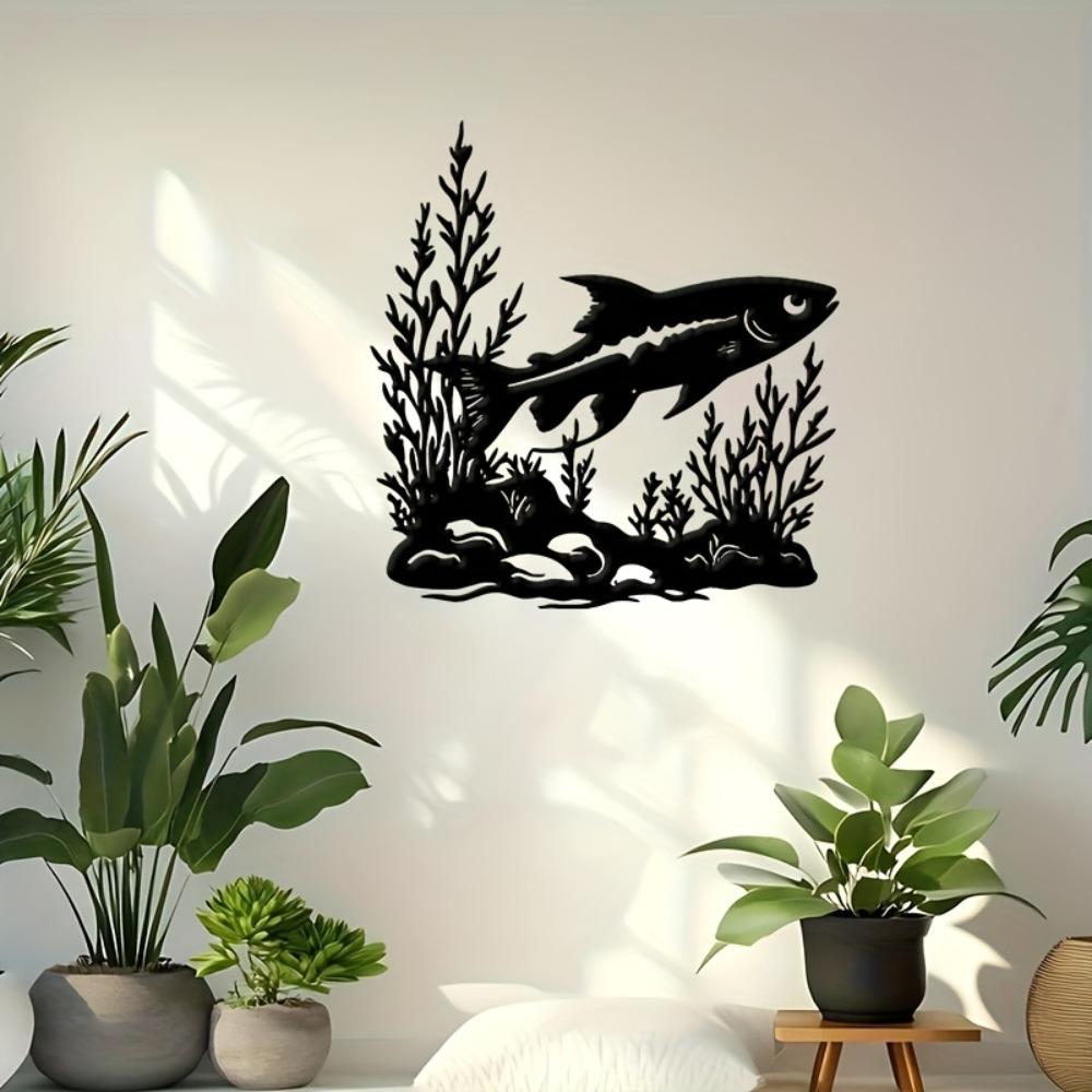 Metal Wall Art Fish Swimming Ocean Plants Stones, Black Silhouette Outdoor Decor, Housewarming Gift for Living Room Patio Coastal Modern Home