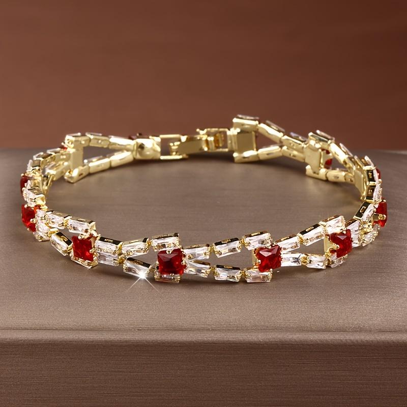 [Golden Tennis Bracelet] 18K Golden Plated Square Tennis Bracelet, 3A Cubic Zirconia | Two-Row Geometric Design, Copper Women s Jewelry, Shiny Persona красный