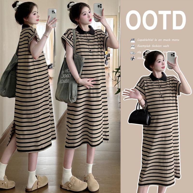 2026 Korean Striped Casual Maternity Polo Dress