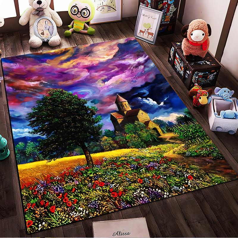 Colorful Landscape Carpet with Church, Tree, Flowers, and Vibrant Sky. Suitable for use as an anti-slip for living room bedroom sofas